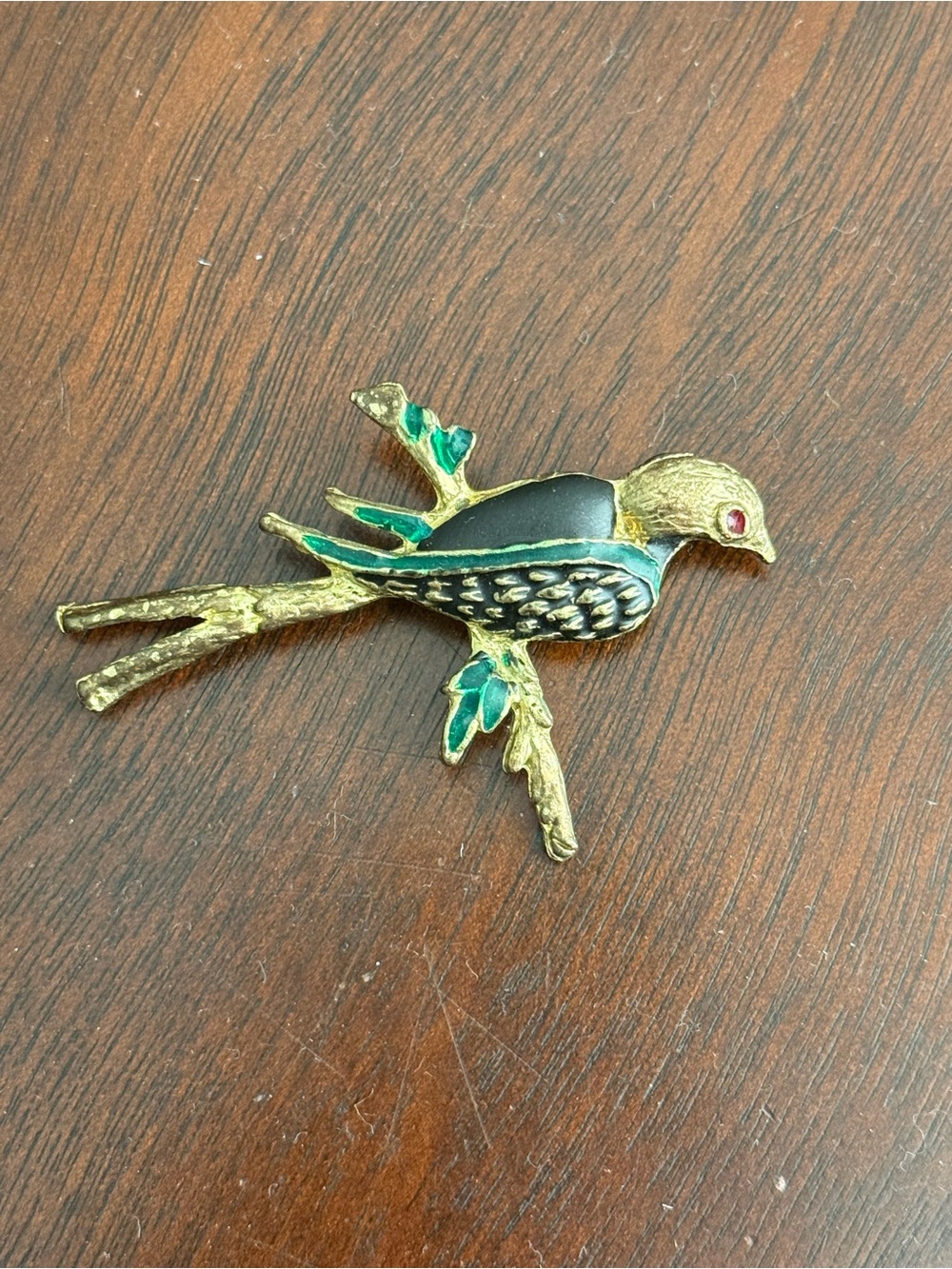 Gold-Tone Green & Black Enamel Bird Pin - Decorative Bird Brooch